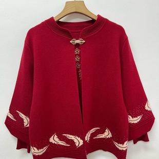 毛衣女衫 秋冬婚宴红色妈妈装 两件套上衣中老年奶奶老太太针织套装