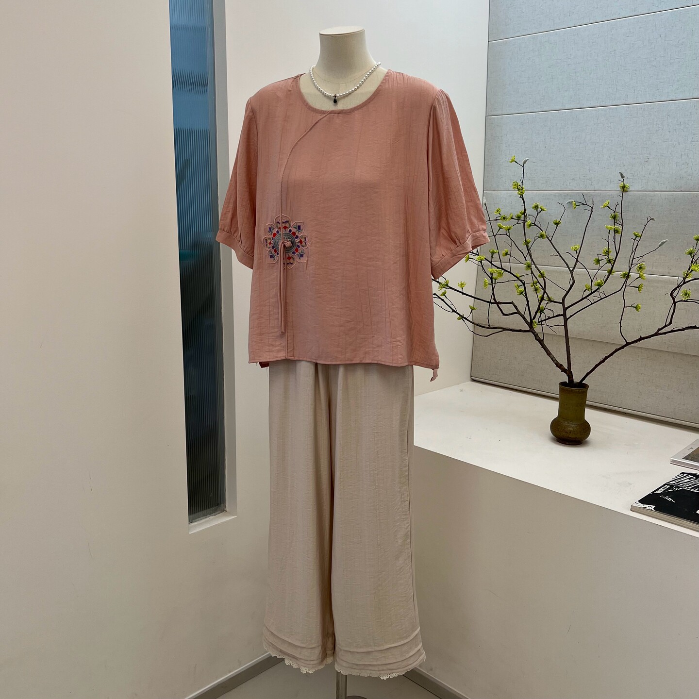 中式夏季妈妈装棉麻t恤短袖套装
