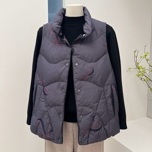 冬季中老年妈妈装90绒羽绒服坎肩马夹立领盘扣无袖刺绣奶奶马甲女