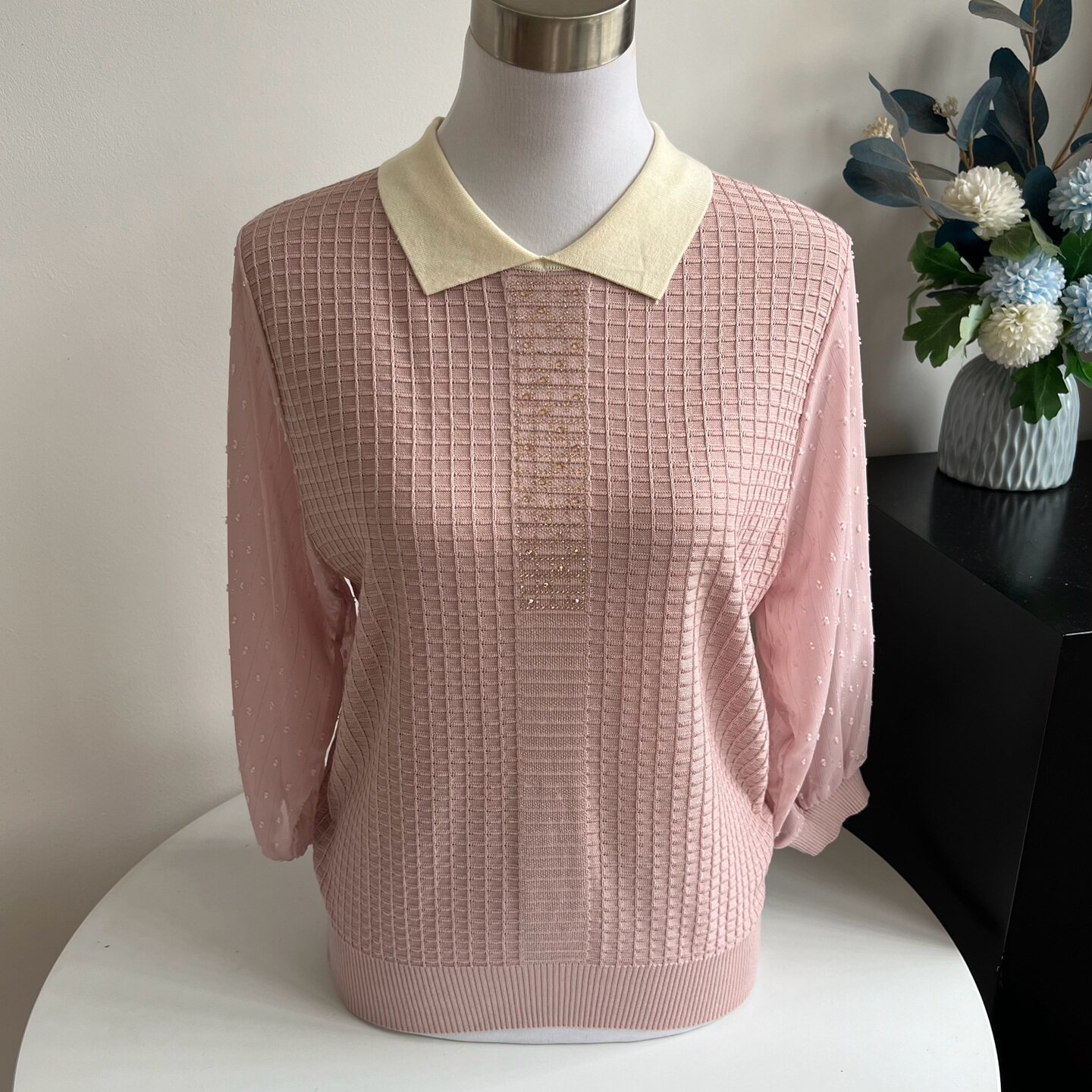 新款雪纺纱袖拼接针织衫妈妈装秋季薄款翻领套头中老年春天上衣女