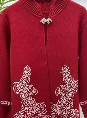 妈妈装新品两件套秋冬上衣中老年奶奶老人针织衫套装外套红色毛衣