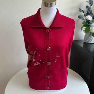 大码秋冬奶奶装翻领针织外套大红色中老年妈妈外婆开衫上衣女装