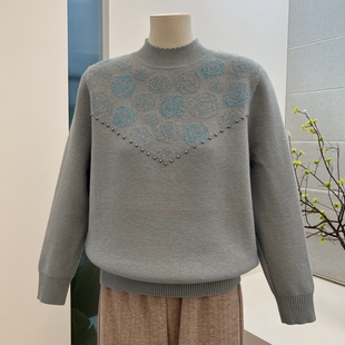 冬季中老年人纯色加绒加厚半高领毛衣宽松大码针织衫妈妈装上衣女