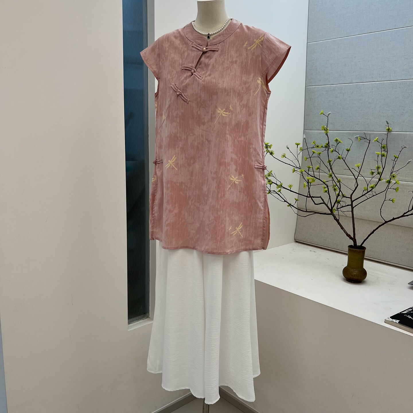 中式夏季妈妈装衬衫短袖薄款两件套松紧休闲裤宽松中老年粉色套装