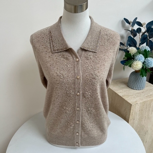 100%纯羊毛秋冬妈妈装针织开衫翻领长袖纯色中老年老人保暖上衣女