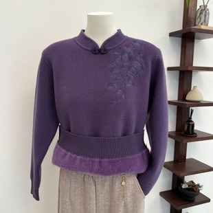 冬季妈妈装针织毛衣旗袍领宽松大码加绒加厚纯色保暖中老年衣服女