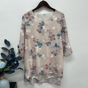 仿真丝中老年七分袖 高端妈妈装 宽松套头中长款 薄款 奶奶上衣女 夏季