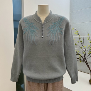 冬季中老年人纯色加绒加厚旗袍领毛衣宽松大码针织衫妈妈装上衣女