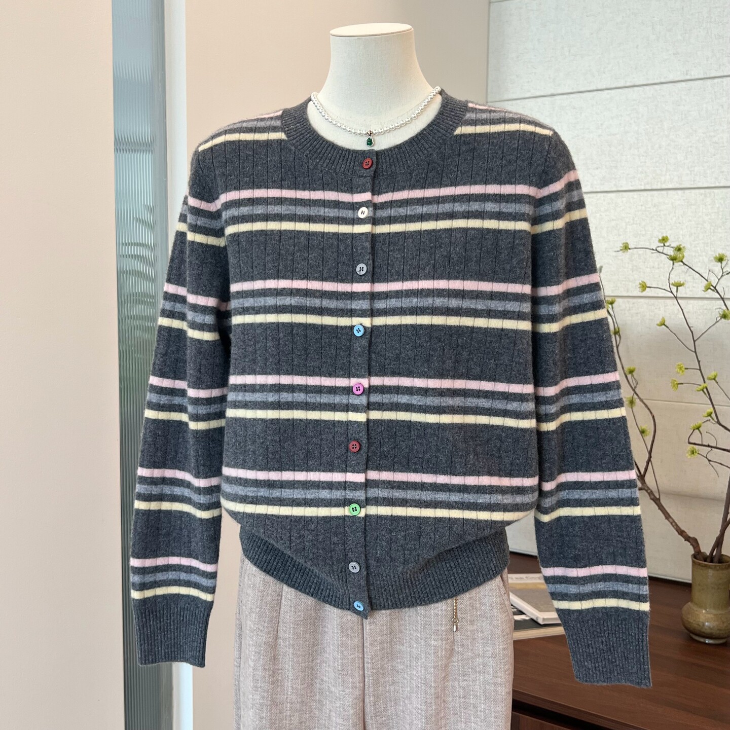 中年妈妈条纹100纯羊毛针织开衫