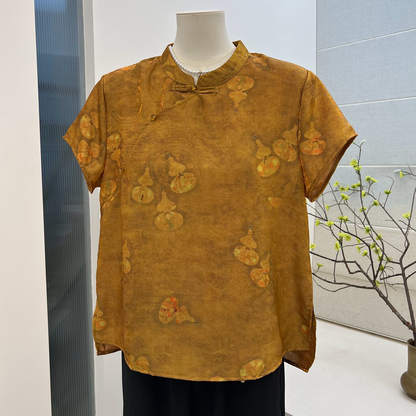 中老年妈妈装夏季中式改良旗袍领小衫国风仿真丝t恤短袖女上衣