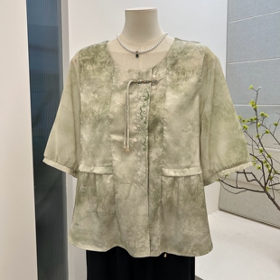 时尚妈妈装t恤短袖花色新中式圆领套头宽松雪纺纱袖中老年上衣女