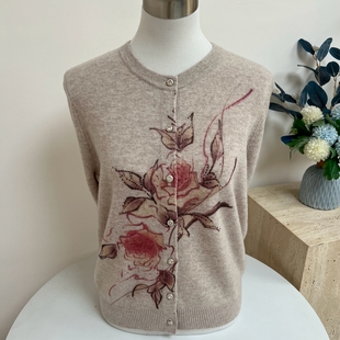 圆领长袖 宽松大码 印花女士毛线衣 针织开衫 100纯羊毛中老年妈妈装