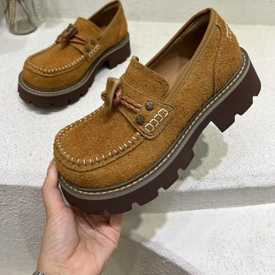 2025秋季新款增高厚底学院小皮鞋女复古单鞋粗跟反绒牛皮乐福鞋潮