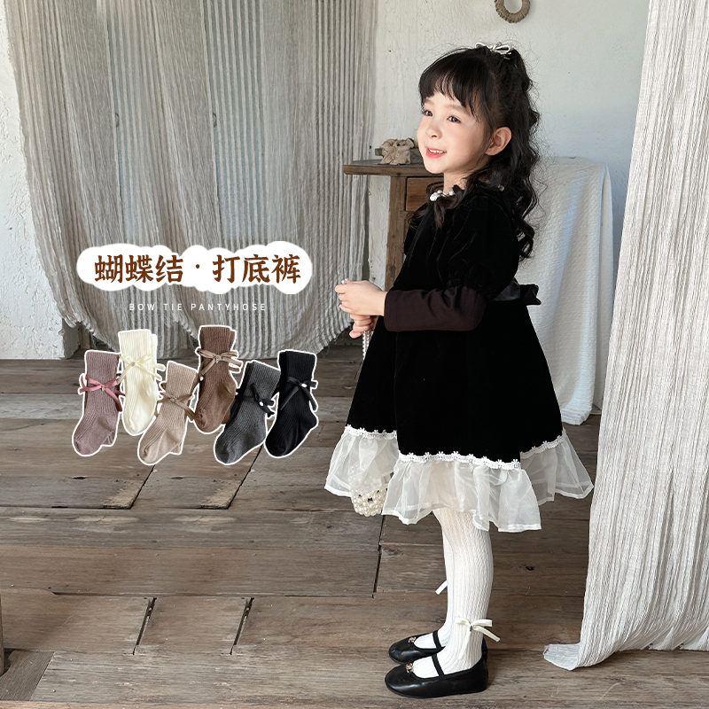 女童韩版洋气打底裤春秋儿童纯棉蝴蝶结连裤袜女孩外穿白色舞蹈袜