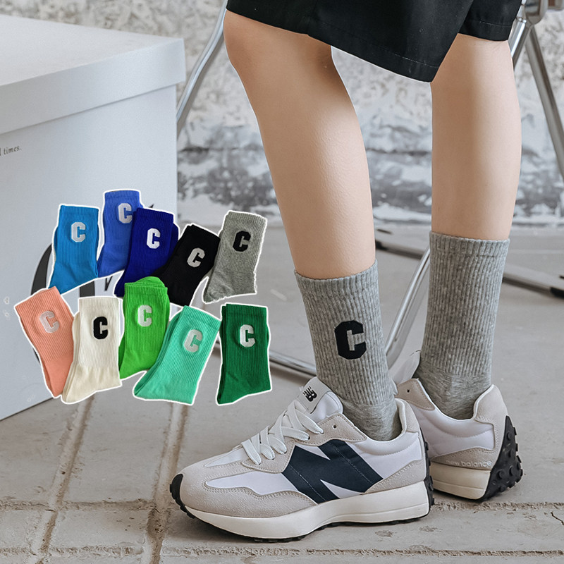 四季款成人男士克莱因蓝色中筒潮袜春夏季女韩版纯棉字母c高筒袜