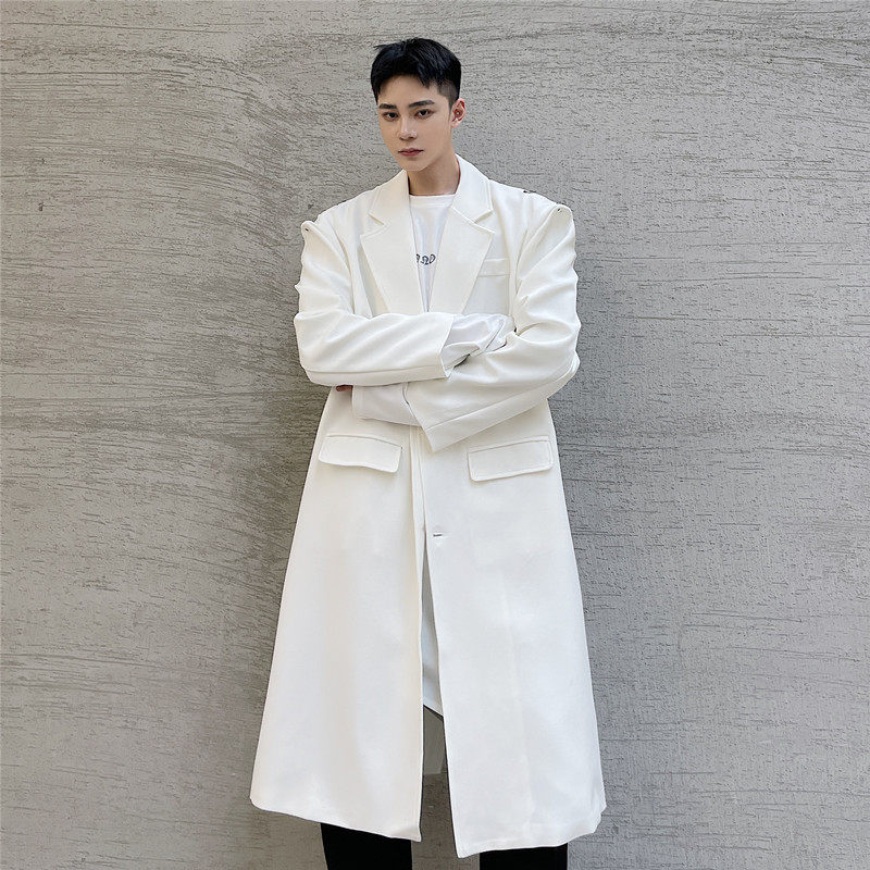 秋冬新款禁欲系韩版简约纯色大衣男肩部加扣设计中长款廓形风衣潮