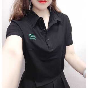 2026夏季新款字母刺绣短袖t恤女宽松大码女装polo衫上衣体桖半袖