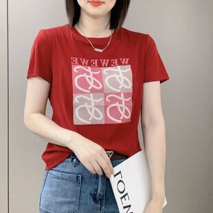 夏季新款时尚百搭圆领字母印花短袖T恤衫洋气遮肉显瘦休闲上衣女