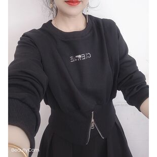网红小心机外穿假两件拉链卫衣女春秋新款休闲百搭显瘦打底上衣潮