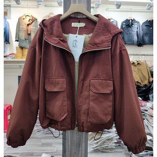 欧货连帽假两件棉服女2023秋冬新款宽松显瘦小个子百搭压格短外套