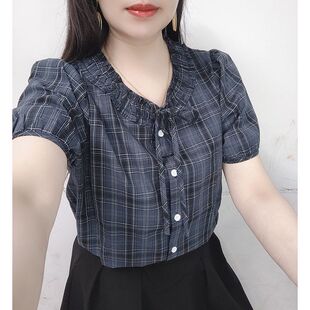 撞色条纹小个子复古休闲短袖泡泡袖衬衫女款夏季百搭时尚雪纺上衣