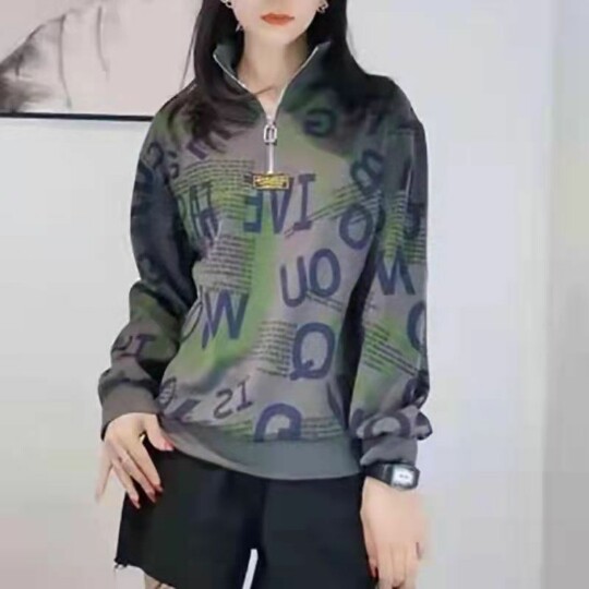 秋季半拉链花朵立领卫衣女2025新款宽松显瘦百搭春秋套头打底上衣