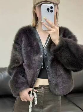 小香风水貂绒皮毛一体V领短外套女2025秋冬显瘦减龄保暖毛毛上衣