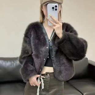 小香风水貂绒皮毛一体V领短外套女2025秋冬显瘦减龄保暖毛毛上衣