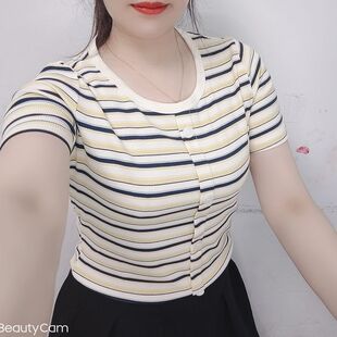 欧货撞色条纹短袖t恤女2024新款夏季显瘦修身短款上衣半袖体恤潮