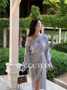 连衣长裙 斜肩韩风收腰衬衫 瑞士莲wcouture原创新品 缎面醋酸质地