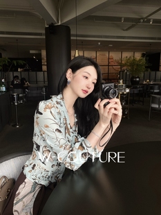 杜桑花语Wcouture原创 上衣 进口真丝印花系带收腰修身 气质衬衫