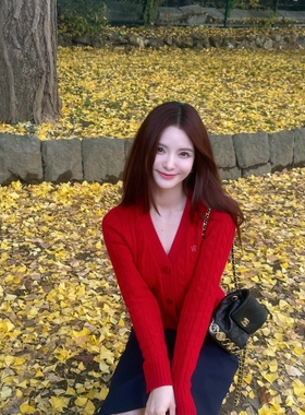 朱砂痣Wcouture原创 洋气红 学院风复古麻花v领羊毛针织开衫