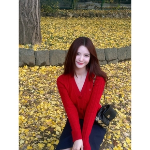 朱砂痣Wcouture原创 洋气红 学院风复古麻花v领羊毛针织开衫