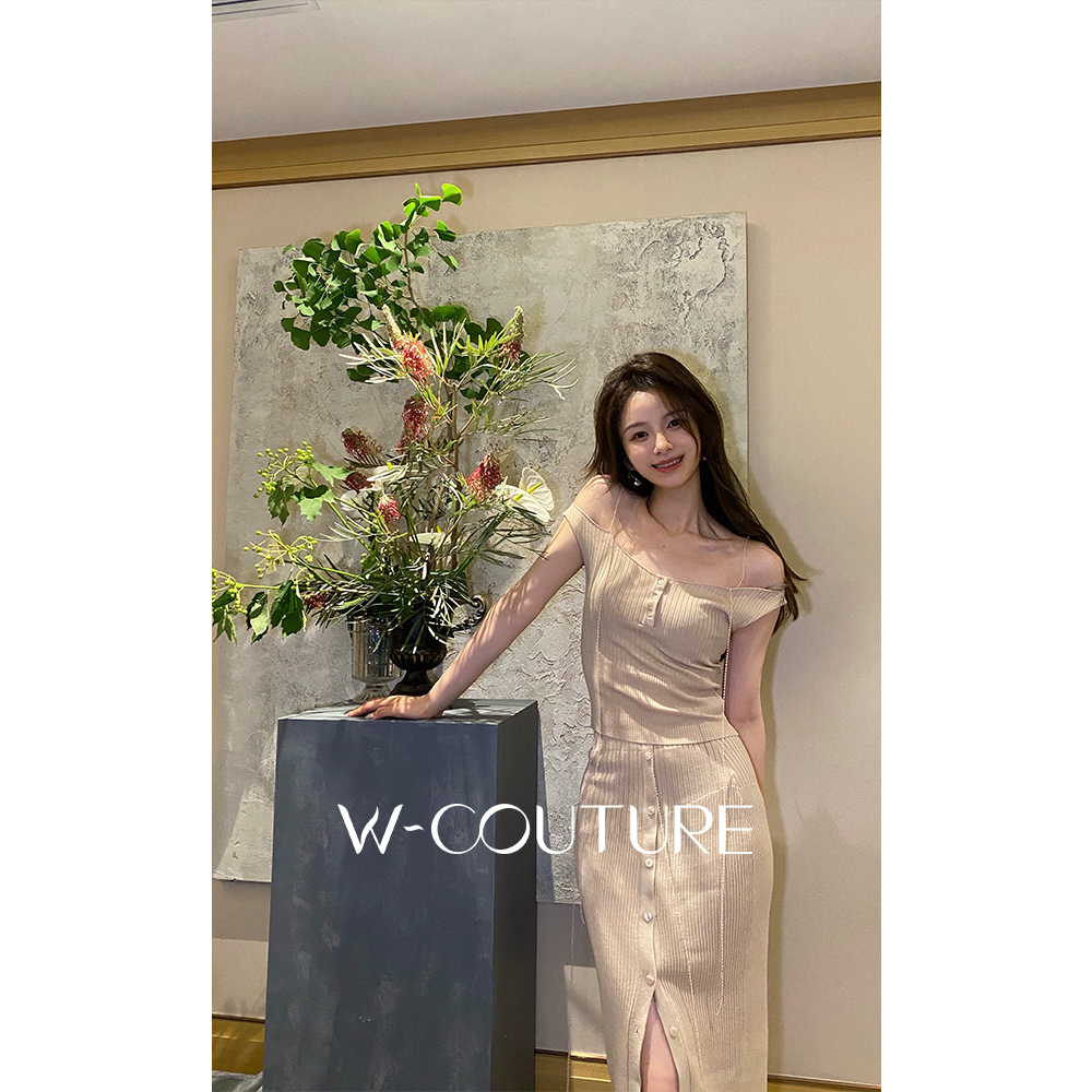 Wcouture原创 落日余晖 天丝羊毛 落肩针织吊带 半身裙套装