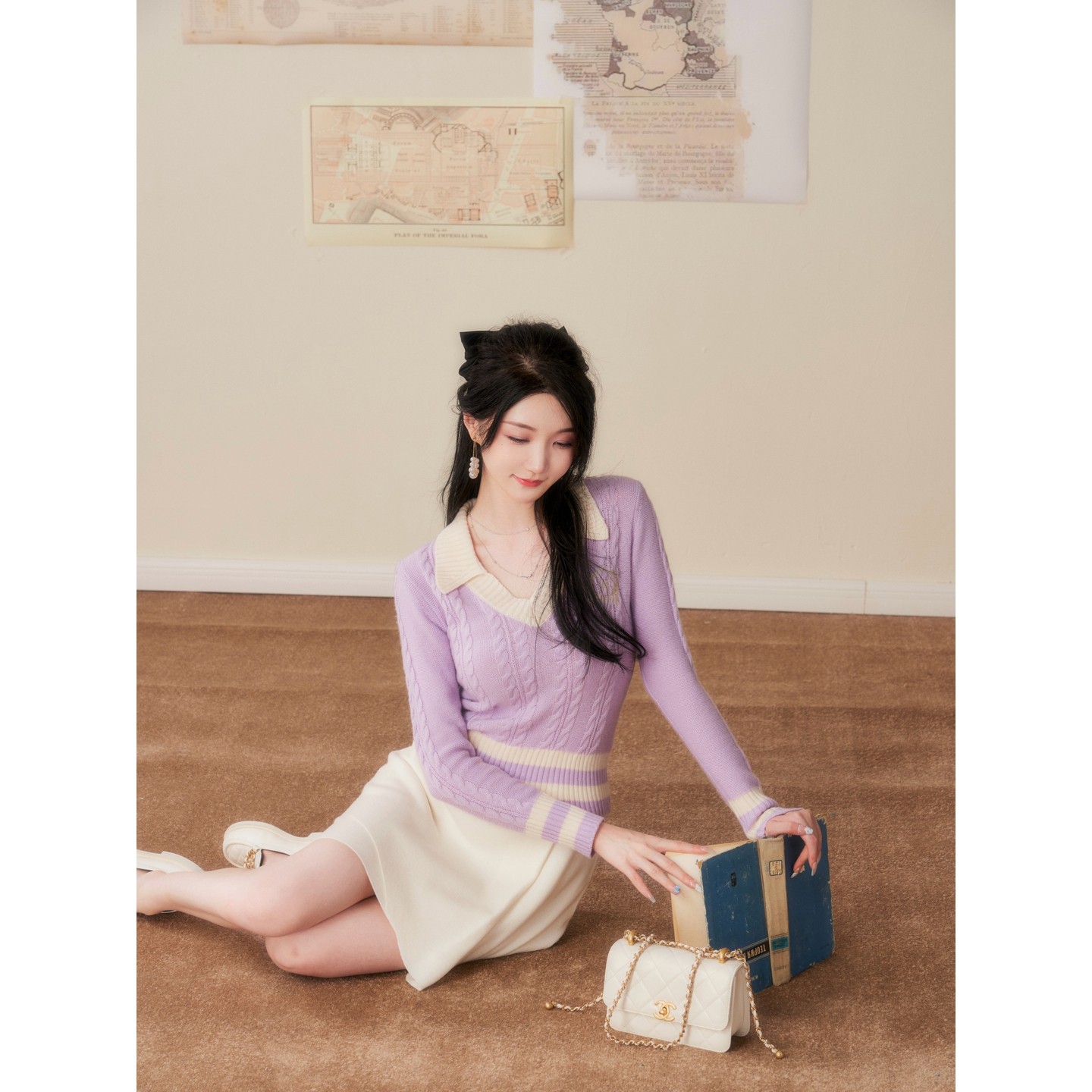 香芋豆沙Wcouture原创返场 羊毛针织麻花学院风修身v领翻领毛衣