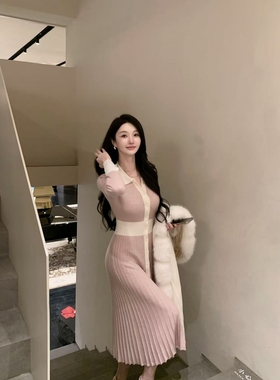 书卷气衬衫裙返场Wcouture精纺羊毛撞色拼接衬衫型百褶连衣长裙