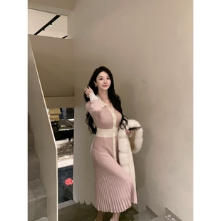 书卷气衬衫裙返场Wcouture精纺羊毛撞色拼接衬衫型百褶连衣长裙