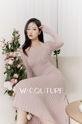 X型针织绑带百褶连衣长裙