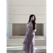 修身 野蔷薇Wcouture原创 温柔豆沙粉 桑蚕丝针织吊带百褶连衣长裙