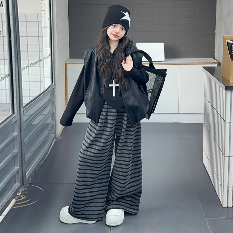 女童裤子春秋款儿童秋装条纹阔腿裤中大童秋季休闲裤女孩宽腿长裤