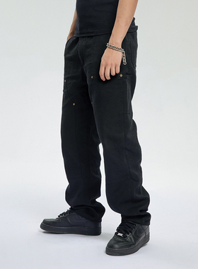 RTVG[RETROVEGAS]国潮牌街头多口袋男女橙黑色直筒休闲工装伐木裤