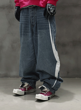 RTVG＞RETROVEGAS国潮牌秋冬时尚休闲刺绣廓形拖地男女黑蓝牛仔裤