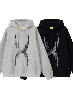 ＜RTVG＞秋冬新款复古做旧印花基础百搭男女帽衫连帽套头卫衣加绒