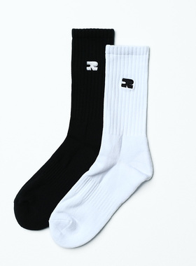 RTVG[RETROVEGAS]国潮牌基础百搭纯色刺绣男女黑白中筒休闲长袜子