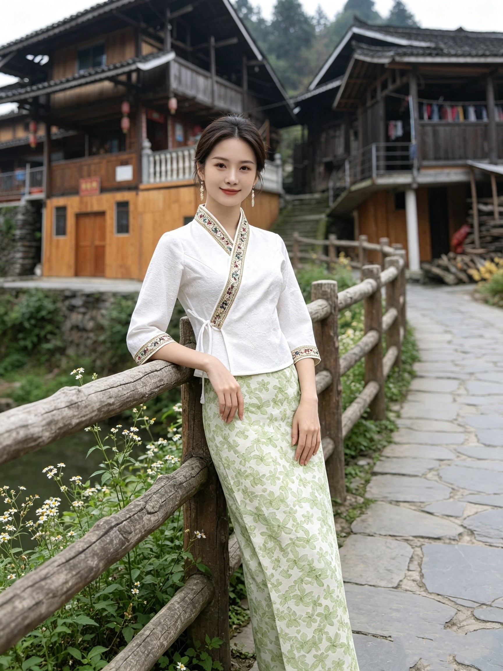 新款傣族服装女网红同款拍照七分袖套装日常可穿云南花边服饰
