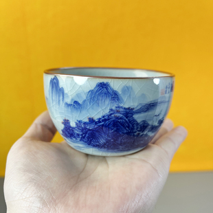 景德镇陶瓷主人杯子千里江山图茶具青花山水釉下彩老陶泥开片茶杯