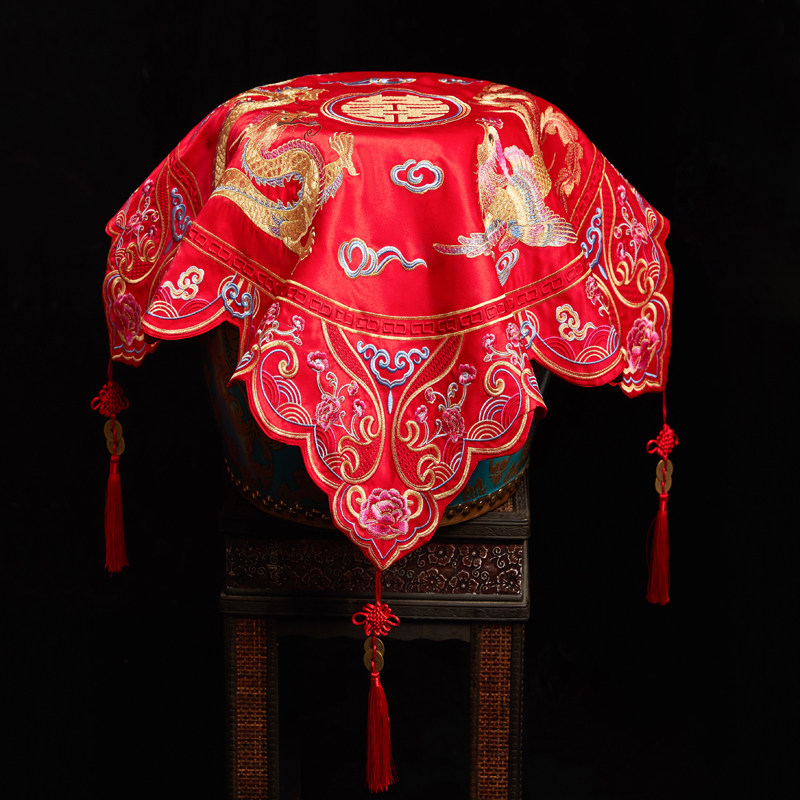 新娘头盖中式婚礼秀禾服配饰金龙金凤刺绣花结婚大红色流苏红盖头