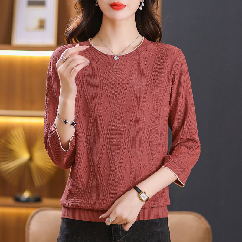 春秋宽松镂空针织衫T恤女妈妈装