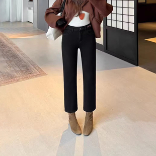 韩尚裤业2025冬新款高腰弹力加绒黑色烟管牛仔裤女显瘦九分直筒裤