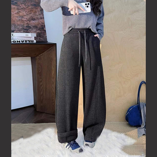 女垂感香蕉阔腿裤 加绒毛呢宽松休闲弯刀裤 新款 绵羊毛混纺2025冬季